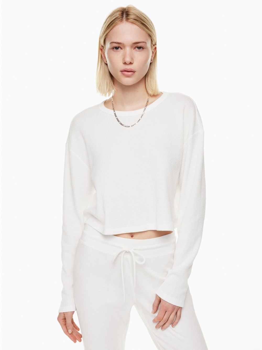 TNA Waffle-Knit Long Sleeve Crop Top - White